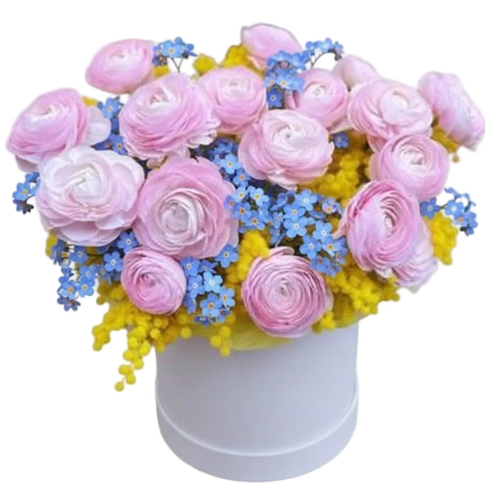 Ranunculus with Blue Forget Me Not and Mimosa Box - Florist London