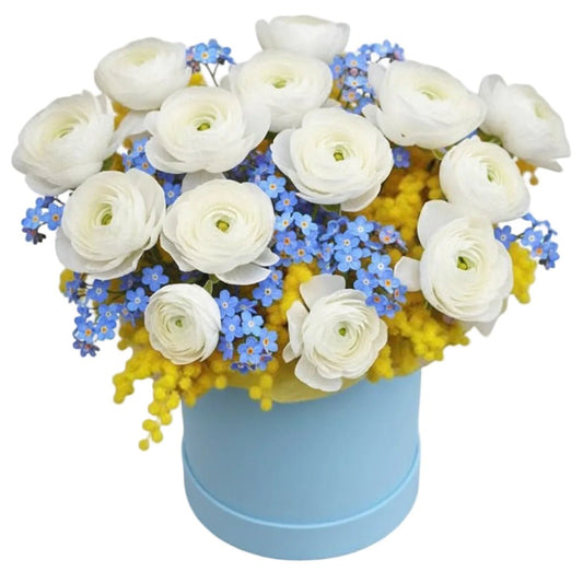 Ranunculus with Blue Forget Me Not and Mimosa Box - Florist London