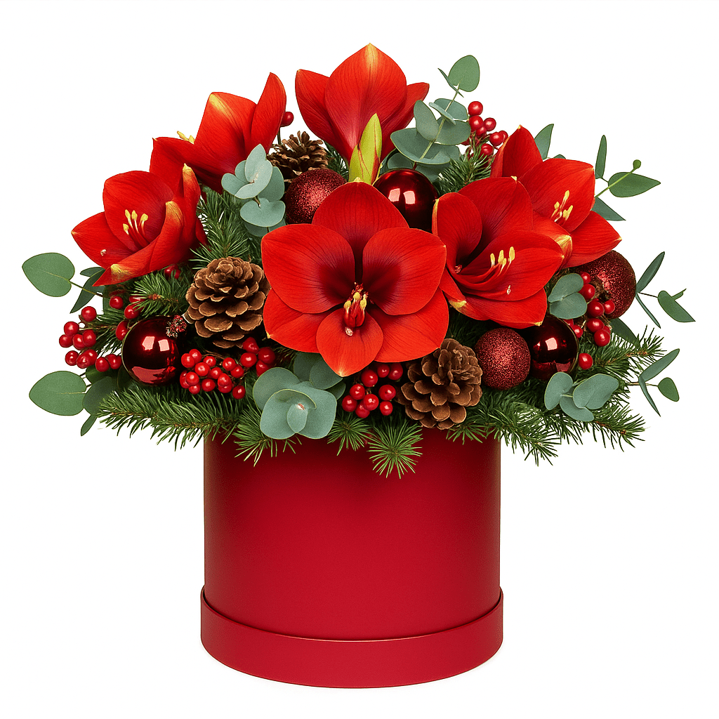 Red Amaryllis with Red Baubles Christmas Box - Florist London