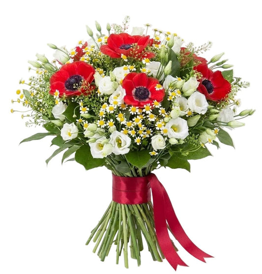 Red Anemone in White Bouquet - Florist London