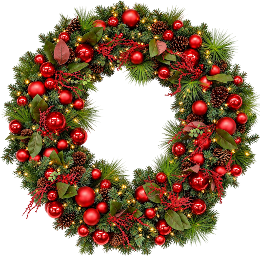 Red Baubles with Lights Christmas Wreath - Florist London