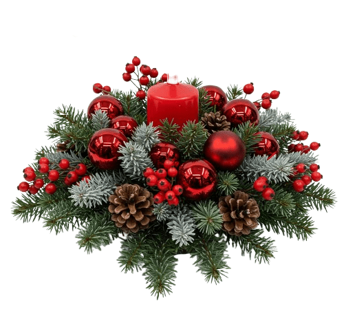 Red Berries and Pinecones Christmas Centerpiece with Candle Glow - Florist London