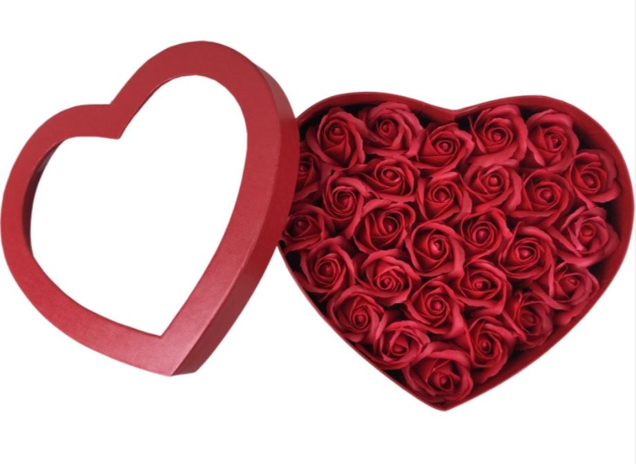 Red Heart Shaped Box with Red Scented Artificial Roses - Florist London