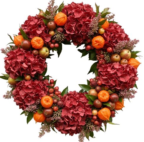 Red Hydrangea with Physalis Door Wreath