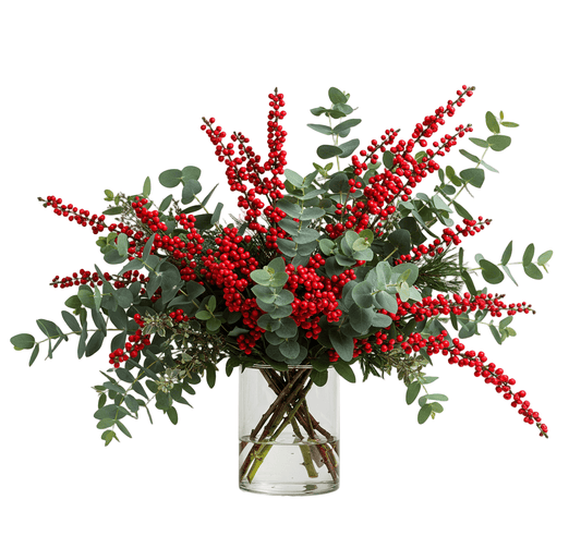 Red Ilex with Eucalyptus in Glass Vase - Florist London
