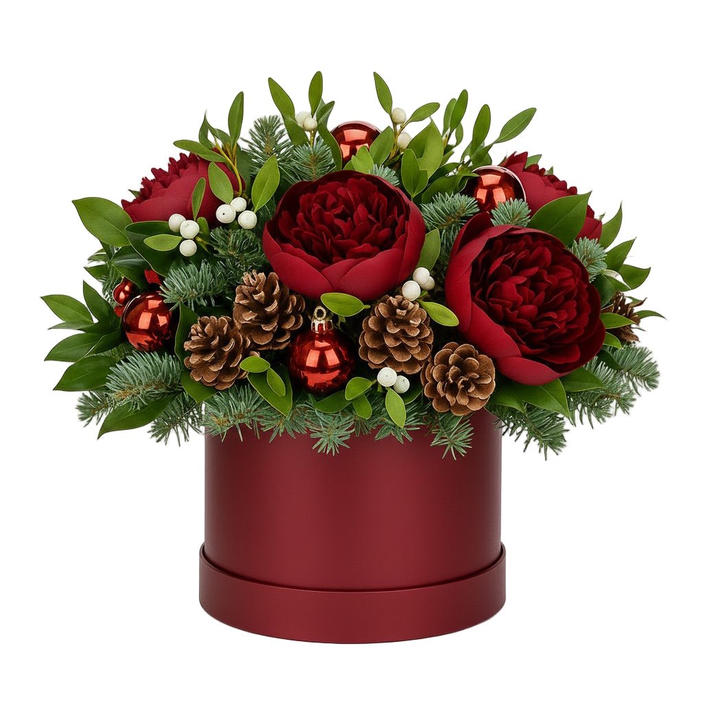 Red Peonies and Baubles Luxury Festive Box - Florist London