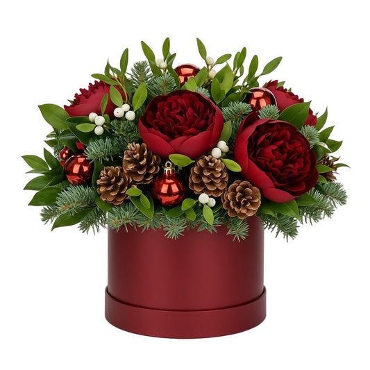 Red Peonies and Baubles Luxury Festive Box - Florist London