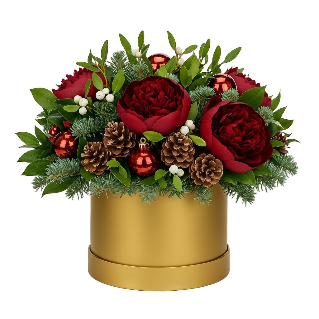 Red Peonies and Baubles Luxury Festive Box - Florist London