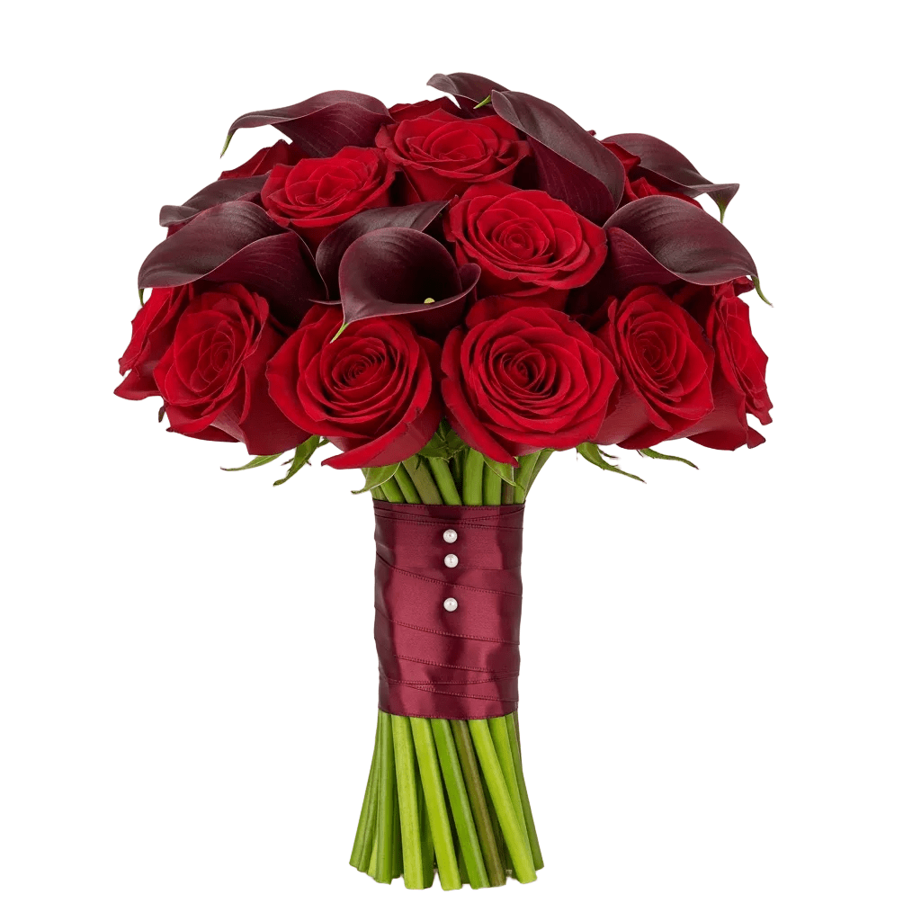 Red Roses and Burgundy Calla Bridal Bouquet - Florist London
