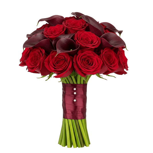 Red Roses and Burgundy Calla Bridal Bouquet - Florist London