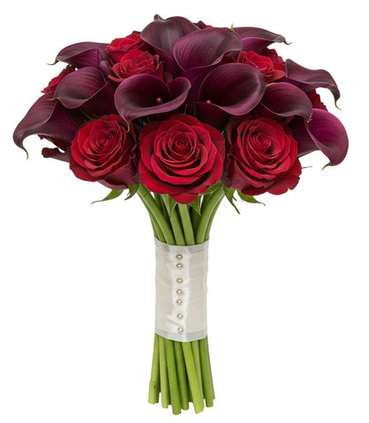 Red Roses and Burgundy Calla Bridal Bouquet - Florist London