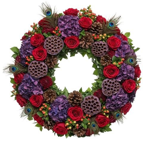 Red Roses and Purple Harvest Bloom Wreath - Florist London