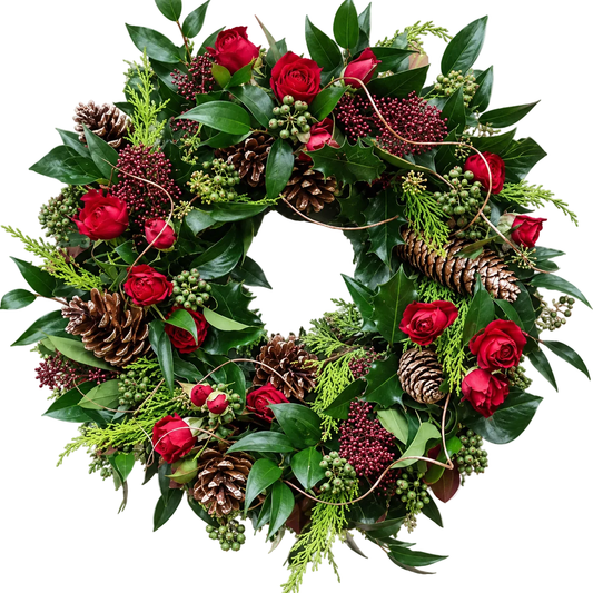 Red Spray Roses Christmas Wreath - Florist London