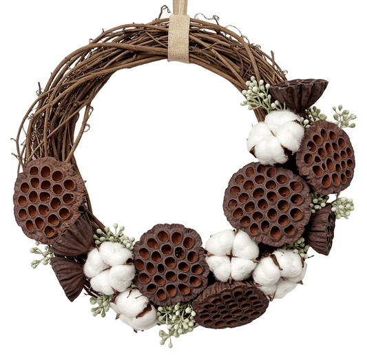 Rustic Lotus and Cotton Wreath - Florist London