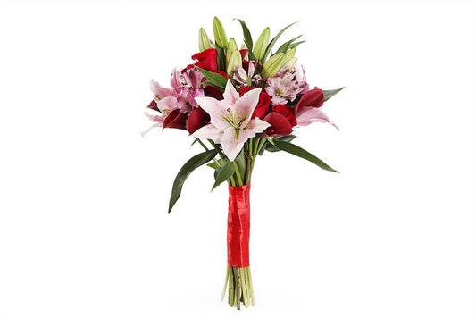Scarlet Roses with Blush Lily Elegance Bouquet - Florist London