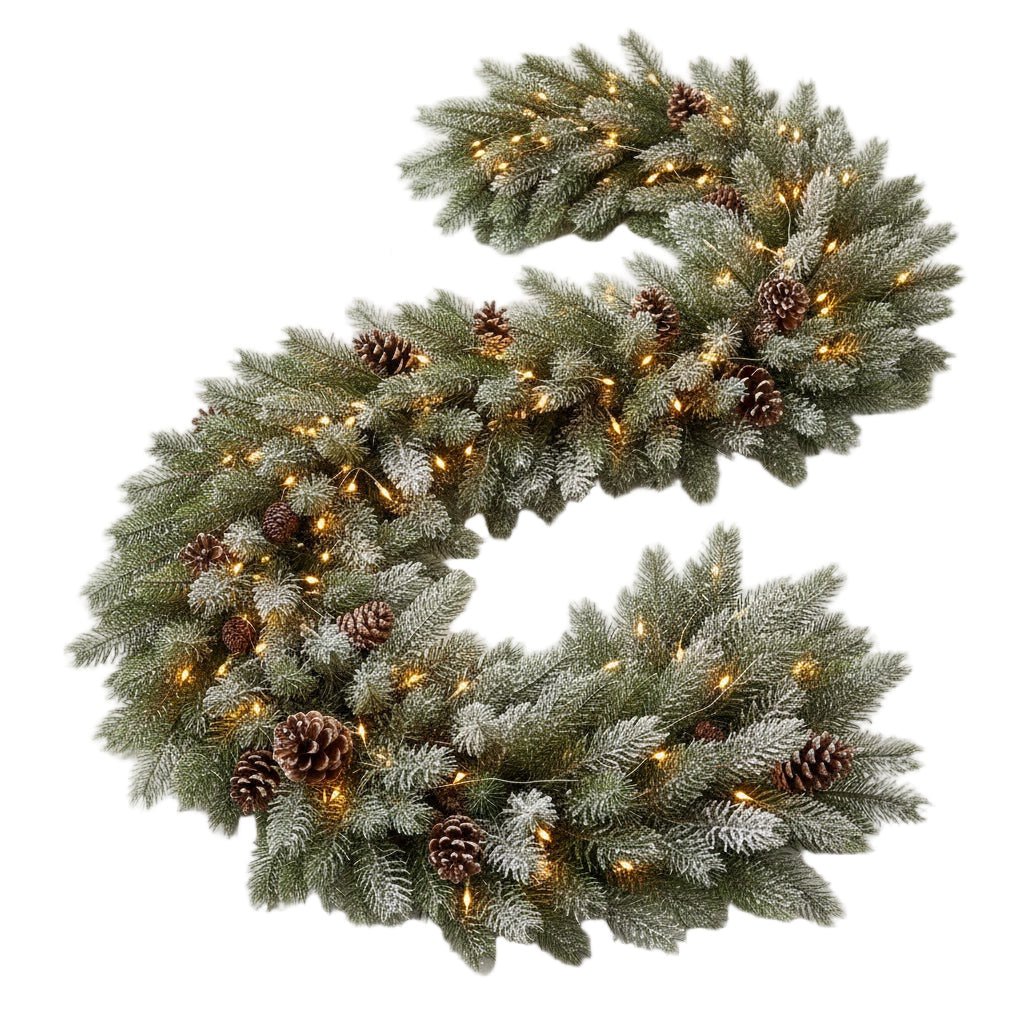 Snow - covered Garland with Pine Cones and Lights - Florist London