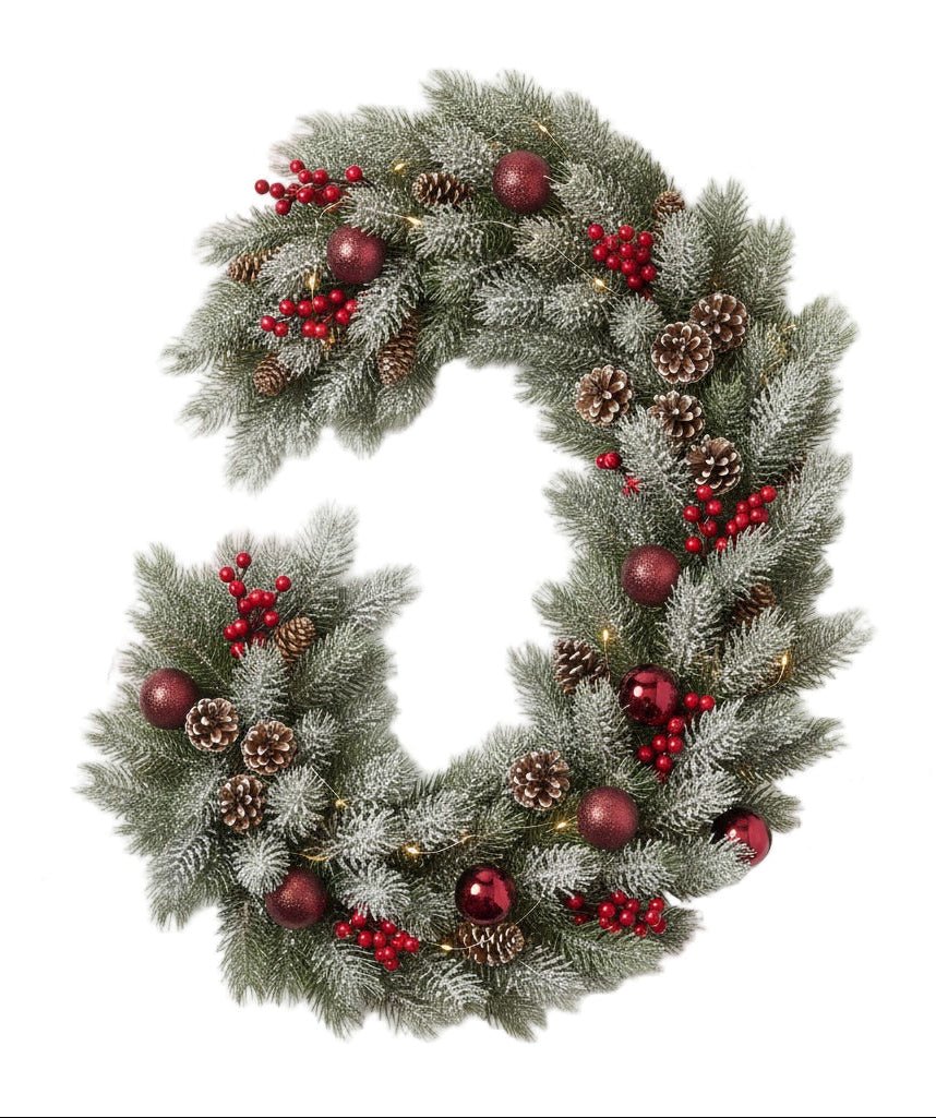 Snow - covered Spruce Garland with Red Berries and Baubles - Florist London