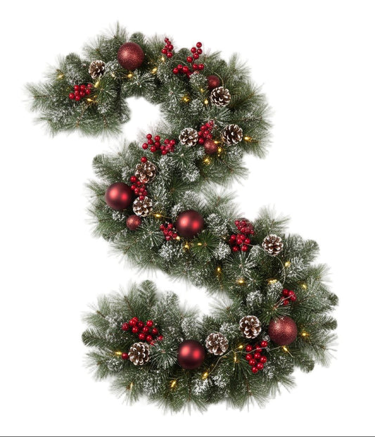 Snow - covered Spruce Garland with Red Berries and Baubles - Florist London