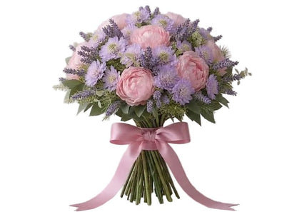 Soft Garden Peonies with Lavender and Scabiosa Bouquet - Florist London