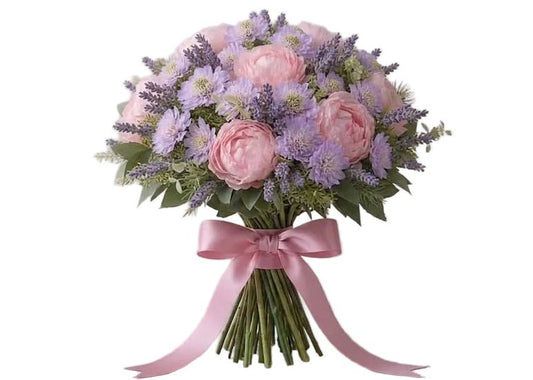 Soft Garden Peonies with Lavender and Scabiosa Bouquet - Florist London