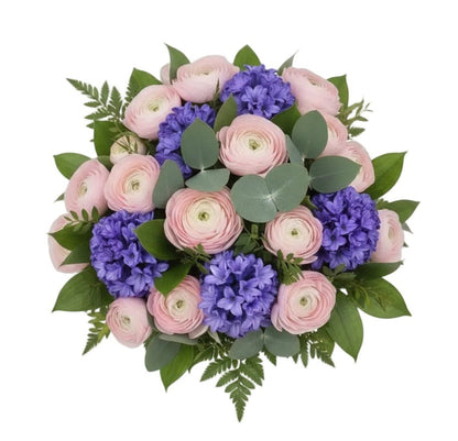 Splendid Pink Ranunculus and Hyacinth with Greenery Bouquet - Florist London