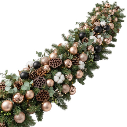 Stylish Spruce Garland with Black Baubles & Rose Gold Glow - Florist London