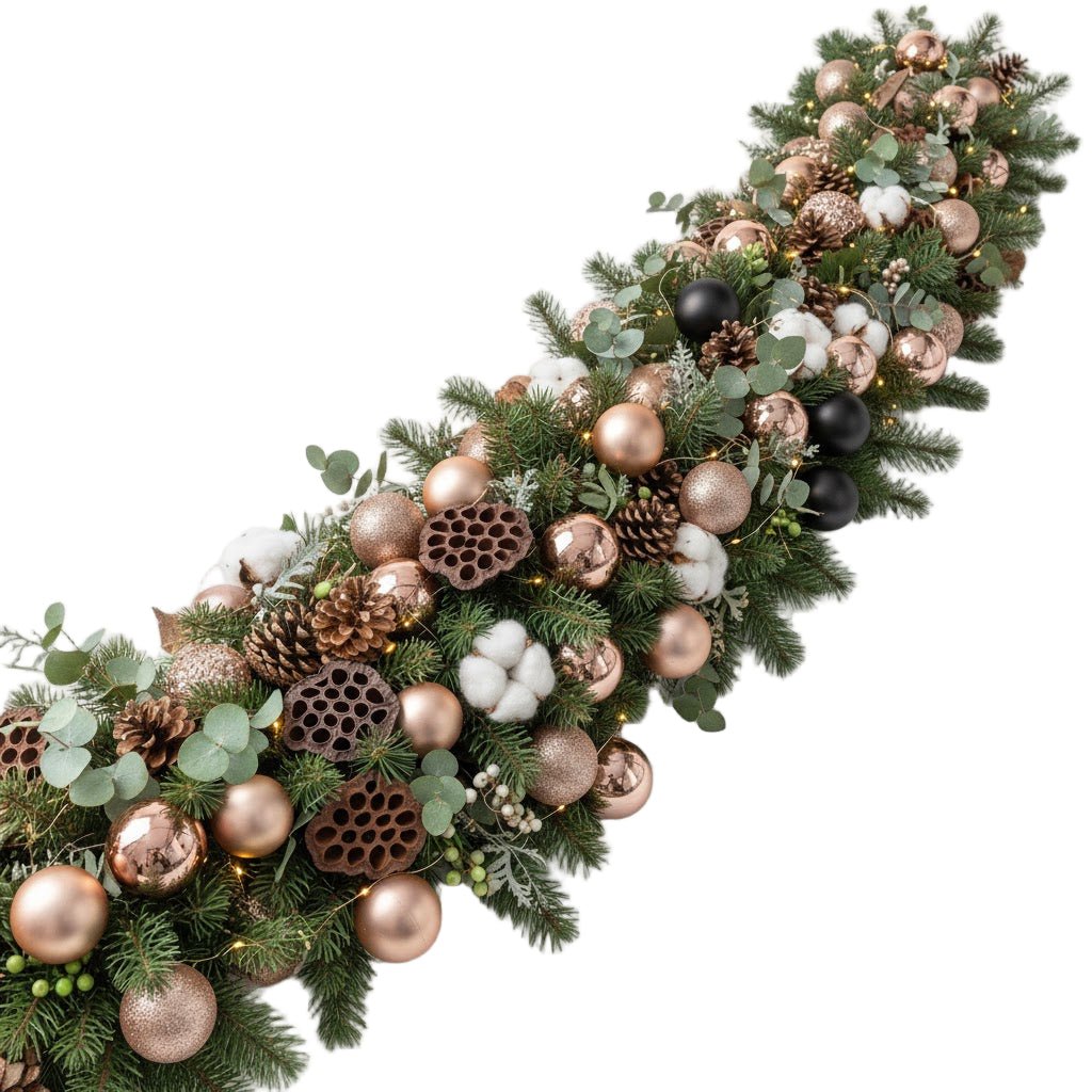 Stylish Spruce Garland with Black Baubles & Rose Gold Glow - Florist London