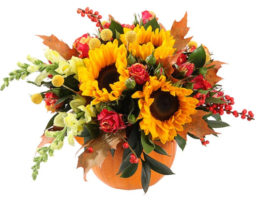Sunflowers in Orange Oak Leaves Halloween Pumpkin