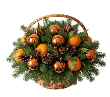Tangerine with Orange Baubles Festive Basket - Florist London