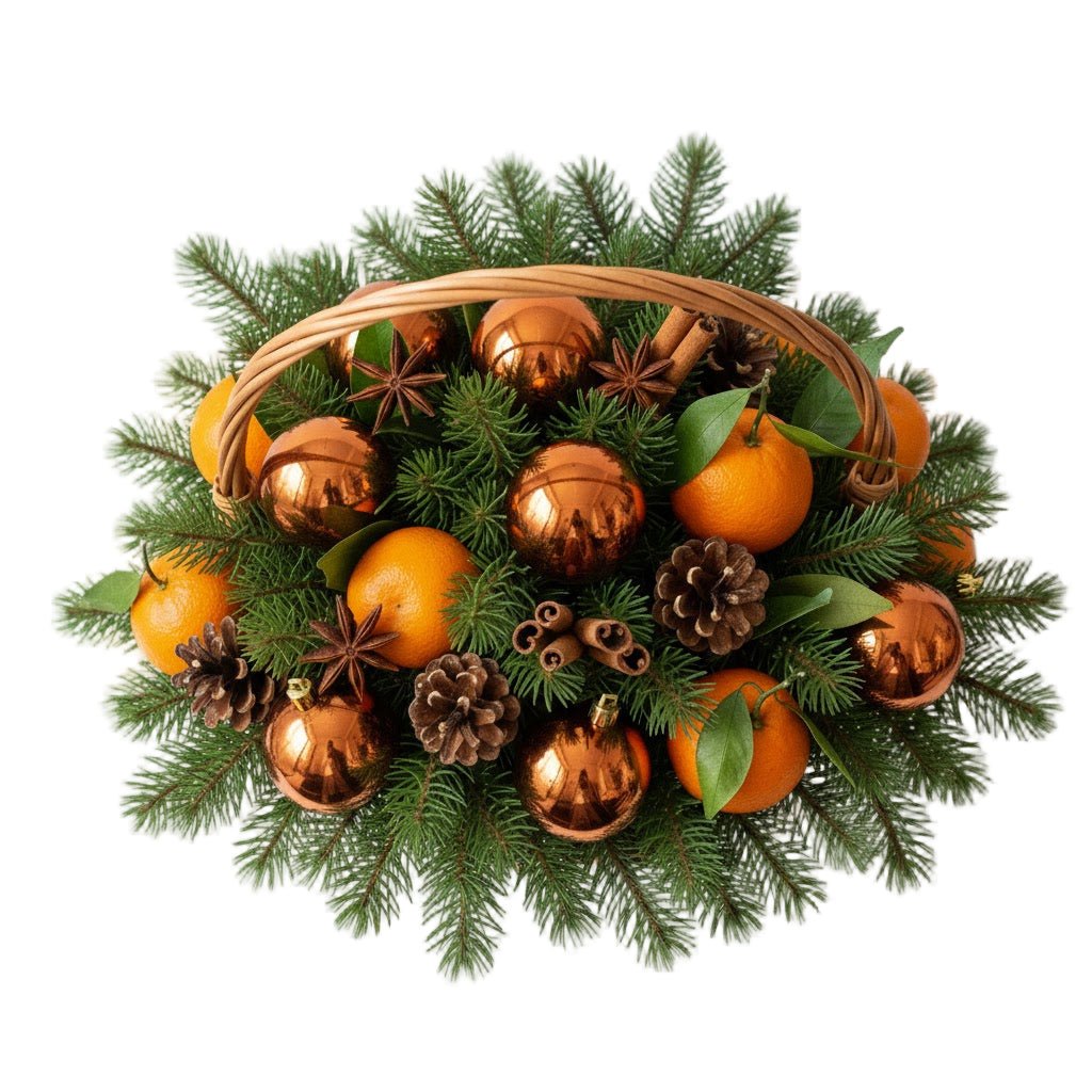 Tangerine with Orange Baubles Festive Basket - Florist London