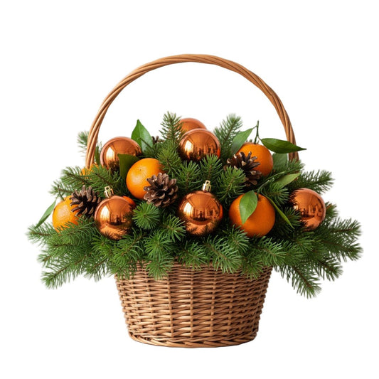 Tangerine with Orange Baubles Festive Basket - Florist London
