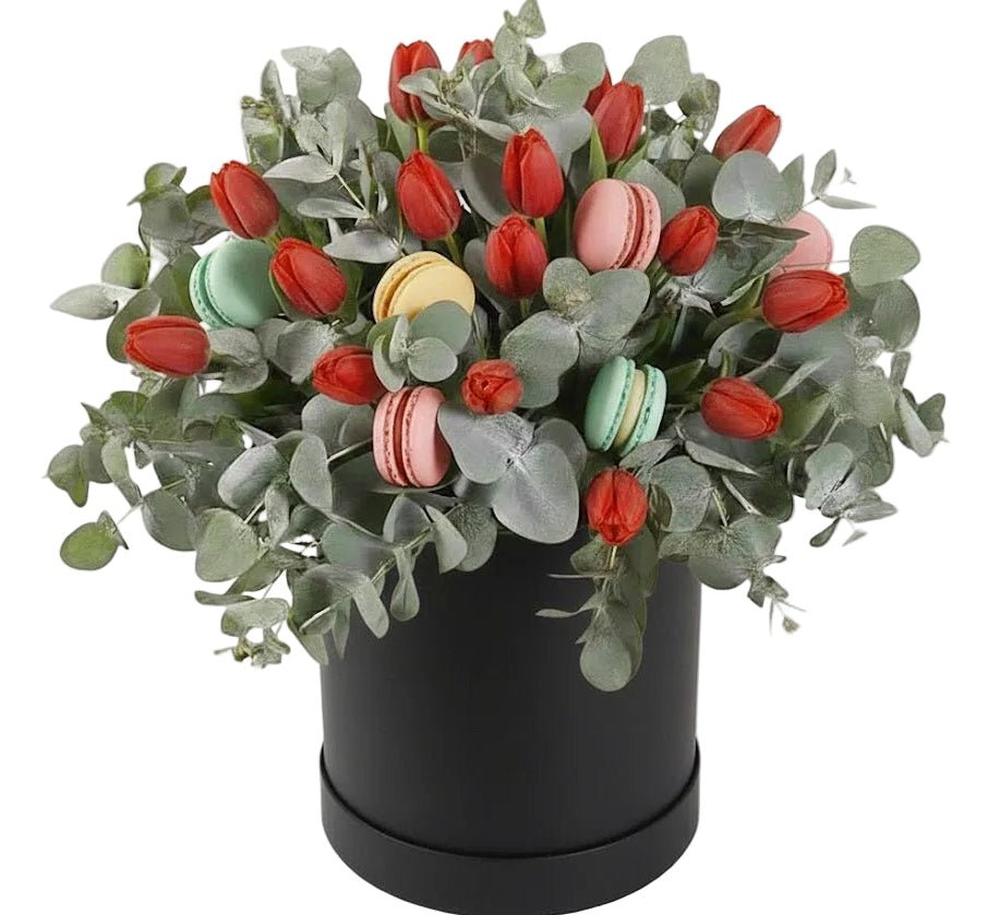 Tulips and Eucalyptus Floral Box with Gourmet Macarons - Florist London