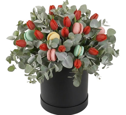 Tulips and Eucalyptus Floral Box with Gourmet Macarons - Florist London