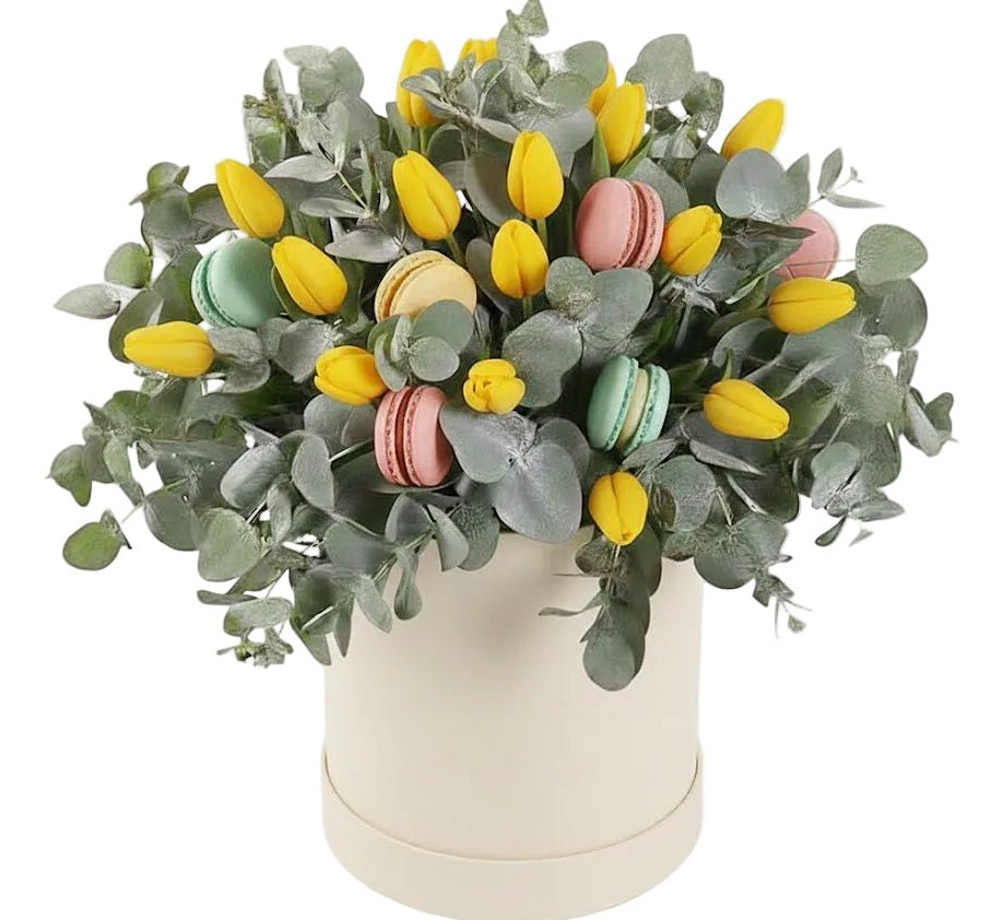 Tulips and Eucalyptus Floral Box with Gourmet Macarons - Florist London