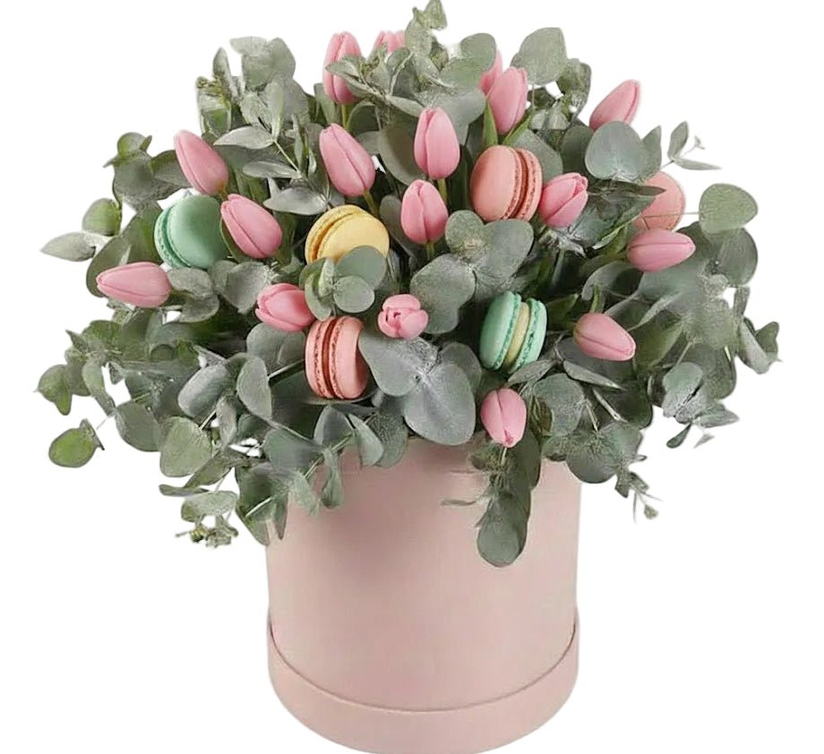 Tulips and Eucalyptus Floral Box with Gourmet Macarons - Florist London