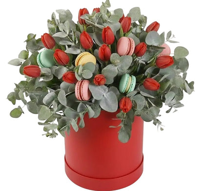 Tulips and Eucalyptus Floral Box with Gourmet Macarons - Florist London