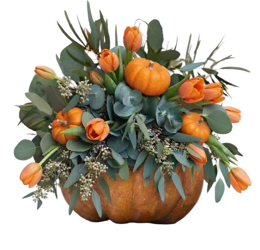 Tulips in Greenery Pumpkin Arrangement - Florist London