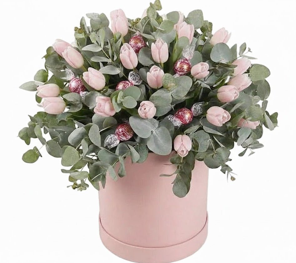 Tulips with Eucalyptus with Chocolate Box - Florist London