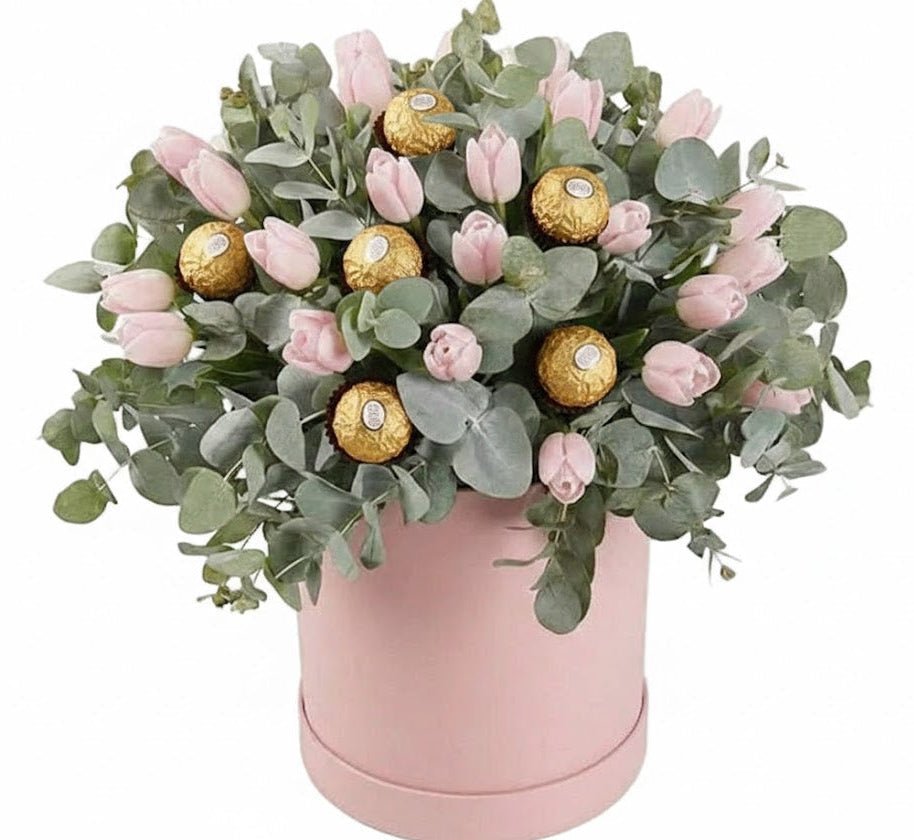 Tulips with Eucalyptus with Chocolate Box - Florist London