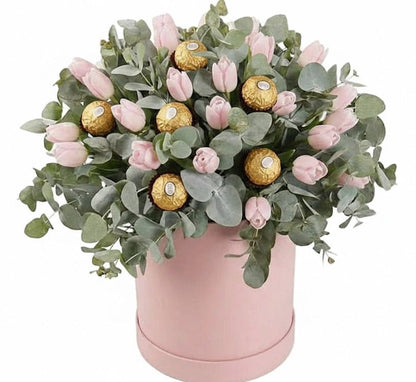 Tulips with Eucalyptus with Chocolate Box - Florist London