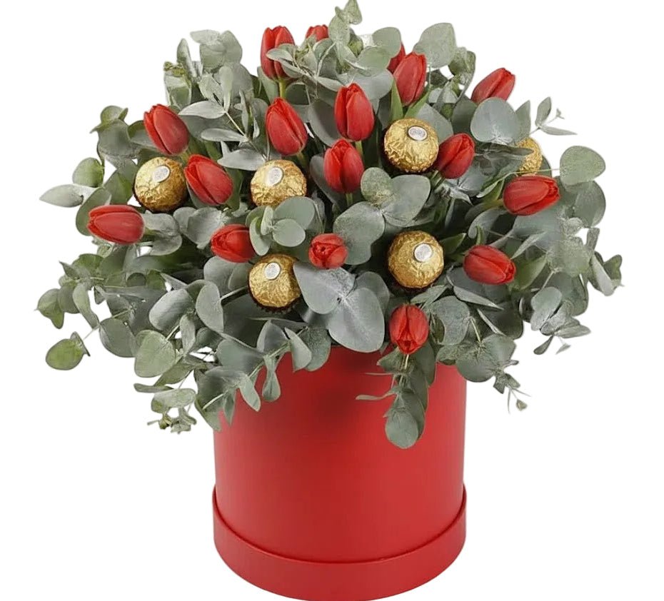 Tulips with Eucalyptus with Chocolate Box - Florist London