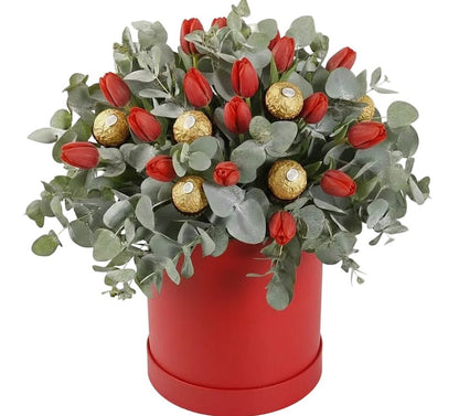 Tulips with Eucalyptus with Chocolate Box - Florist London