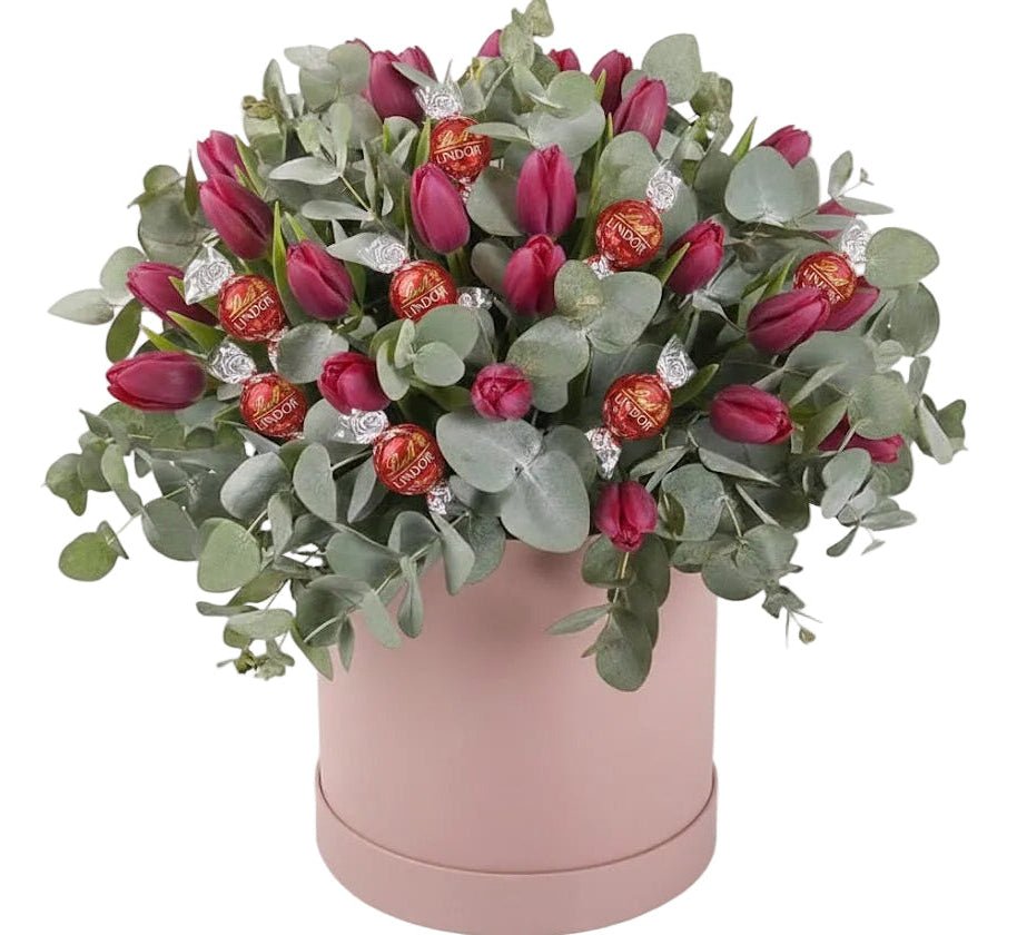 Tulips with Eucalyptus with Chocolate Box - Florist London