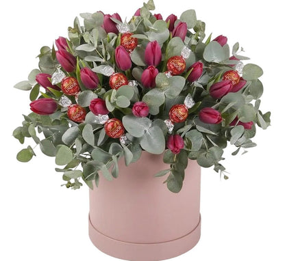 Tulips with Eucalyptus with Chocolate Box - Florist London