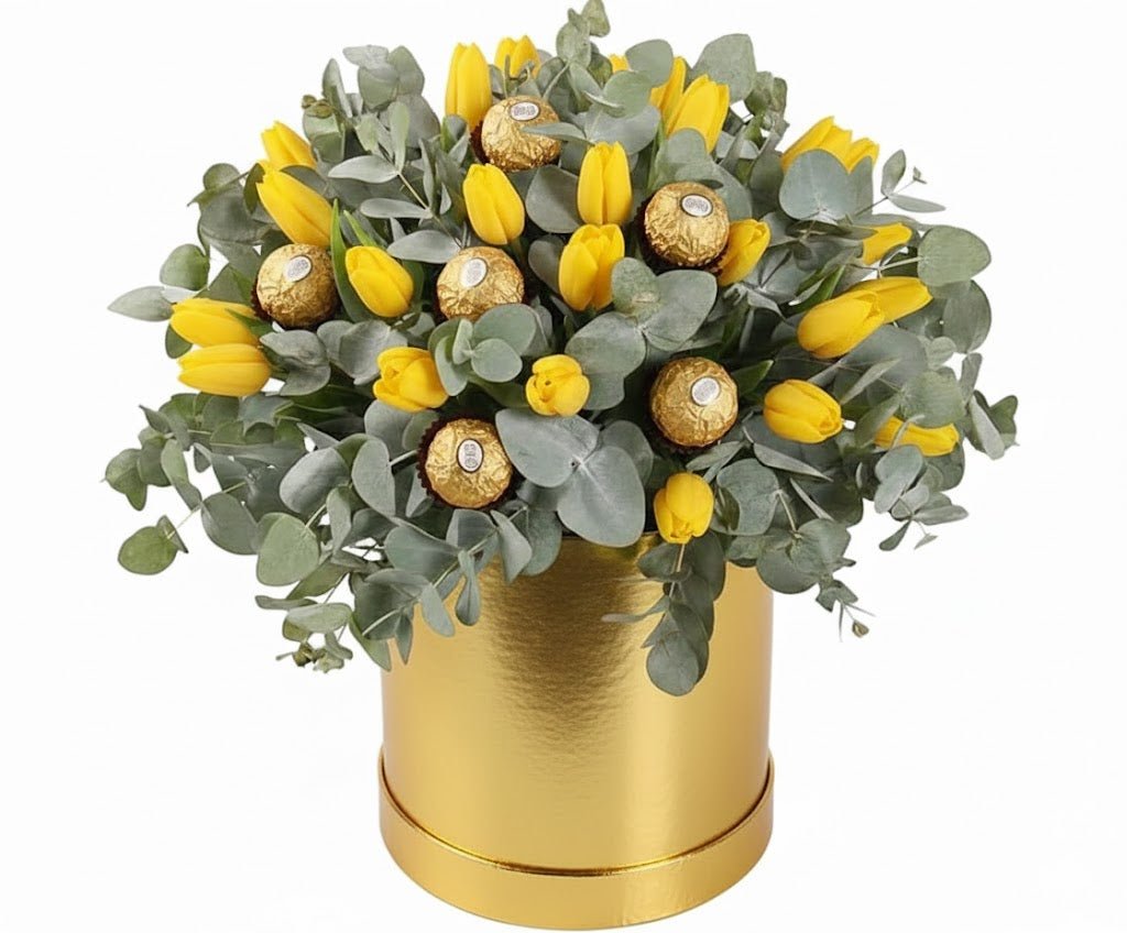 Tulips with Eucalyptus with Chocolate Box - Florist London