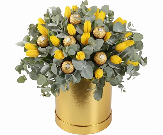 Tulips with Eucalyptus with Chocolate Box - Florist London