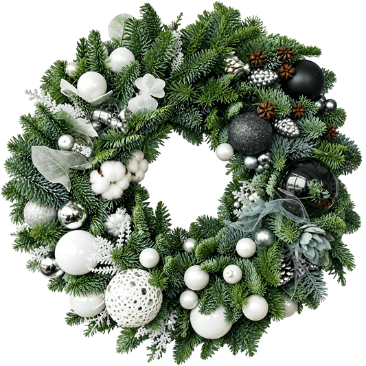 White and Black Baubles Wreath - Florist London