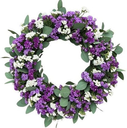 White and Purple Limonium with Eucalyptus Wreath - Florist London