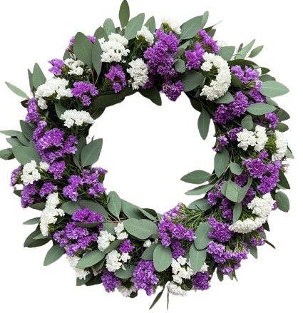 White and Purple Limonium with Eucalyptus Wreath - Florist London