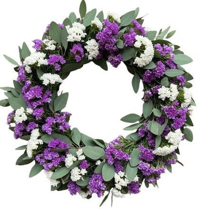 White and Purple Limonium with Eucalyptus Wreath - Florist London